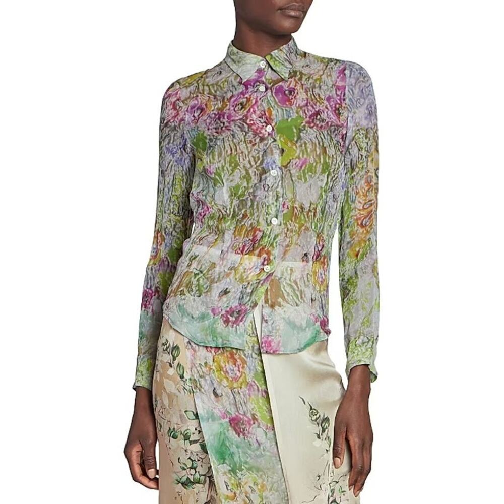 Dries Van Noten Cloudy Floral Sheer Silk Button Up Shirt Green Multi Womens US 6